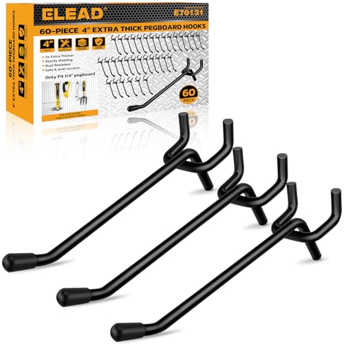 ELEAD 60-Piece 4 Inch Extra Thick Pegboard Hooks, Heavy Duty Peg Board Organizer Accessories, Peg Board Tool Hangers Fit for 1/4" Pegboard Hanging Tools Garage, Workshop, and Craft Storage - style: 60-Piece 4 Inch extra thick