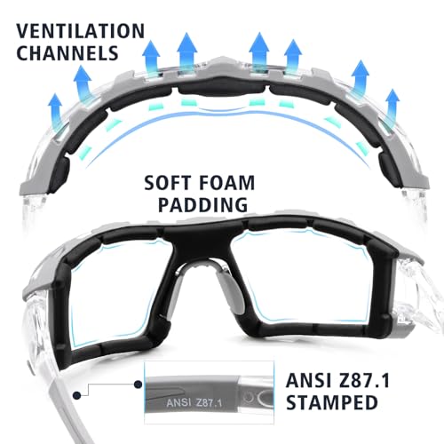 UKNOW Safety Glasses - Anti Fog Wraparound Lenses - Removable Foam Gasket - ANSI Z87.1 Protective Eyewear - Impact Resistant - color: Gray