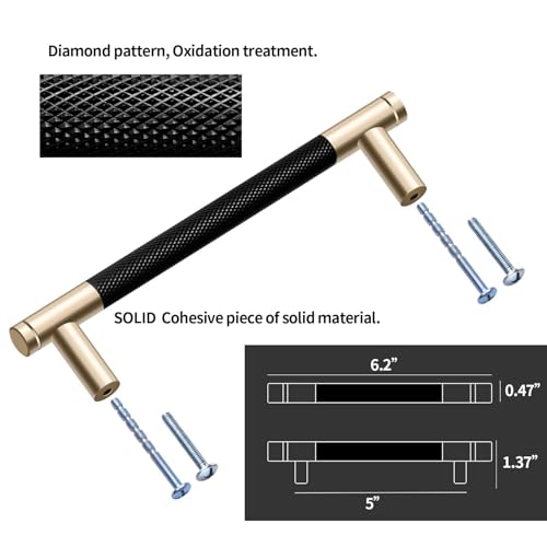 12 Pack 5 Inch 128 mm Knurled Cabinet Handles Cabinet Pulls Aluminum Handles Pulls Gold and Black Oxidation Finish with Diamond Pattern 6" Length (5" Hole Center) - color: Gold and Black, size: 5 Inch