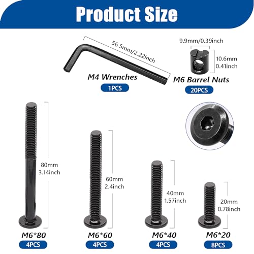 Taiss 20 Set Crib Screws M6x20mm/40mm/60mm/80mm Baby Bed Crib Screws Hardware Replacement Kit,Bunk Bed Bolts Hex Socket Cap Screws Bolt with Barrel Nuts/Wrenches for Beds Furniture Headboards - color: Black
