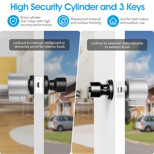 AST Adjustable Door Knob Cover with High Security Cylinder and 3 Brass Keys - color: Matte silver with brass keys