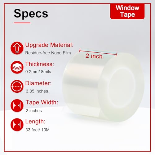 Transparent Window Weather Sealing Tape 2 Inch x 33 FT Weather Stripping Residue-Free Clear Window Insulation Caulk for Shower Glass Gaps and Clear Tape Doors Windows Windproof - size: 2 IN - 33 Ft Clear - 0.2 Mils