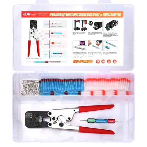 JRready ST6488-20-100 Heat Shrink Butt Splice Connectors 100 Sets 26-20AWG Butt Crimp Splices with PVDF Tubes Waterproof Environmental Splice Connectors with ACT-232 Crimp Tool G411 Go-No Go Gauge - color: 20#Red-100Sets