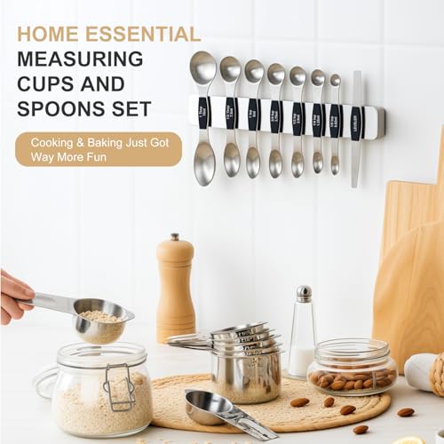 Stainless Steel Measuring Cups & Spoons Set, EWFEN Kitchen Tools Nesting Measuring Cups and Spoons, Fits in Spice Jars for Baking & Cooking, BPA Free, Set of 15 with Leveler, Black - color: Black Spoons