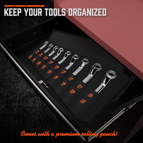 HORUSDY 9-Pieces Metric Offset Box Wrench Set with Rolling Pouch, 50-Degree, Metric 6-24mm, CR-V Steel - style: 9pcs Metric Offset Box Wrench Set
