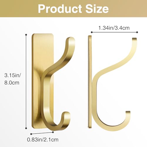 Adhesive Wall Hooks for Towel/Coat,13Lb Strong Stick-On Hooks, Gold 6 Pack - color: Gold, size: 6 Pack