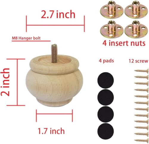 2 Inch Wooden Furniture Legs, Solid Wood Unpainted Replacement Furniture Legs, Ottoman/Loveseat Replacement Legs, Cabinet Legs/Desk/Sofa/Bookcase Round Bun Feet Set of 4 (2 Inch) - size: 2 Inch A