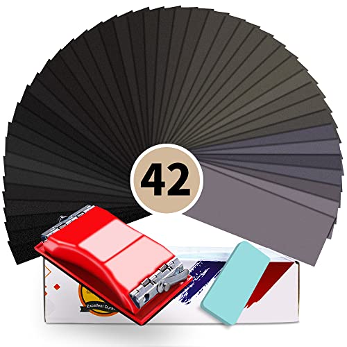 Wet & Dry Sandpaper Set, 42 Sheets of 120 to 3000 grit Sand Paper | Comes with Sanding Block Sander,for Wood Furniture Finishing Metal Automotive Sanding Polishing - style: sandpaper-42 pcs