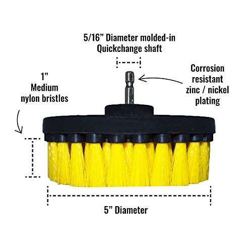 Premium Drill Brush Professional – Medium-Soft 5-Piece Kit (5/4 / 3.5/2 in Brushes + 6 in Extension) | Scratch-Free Cleaning Brush for Tile, Grout, Bath, Shower, Fibreglass, Ceramic - color: Yellow