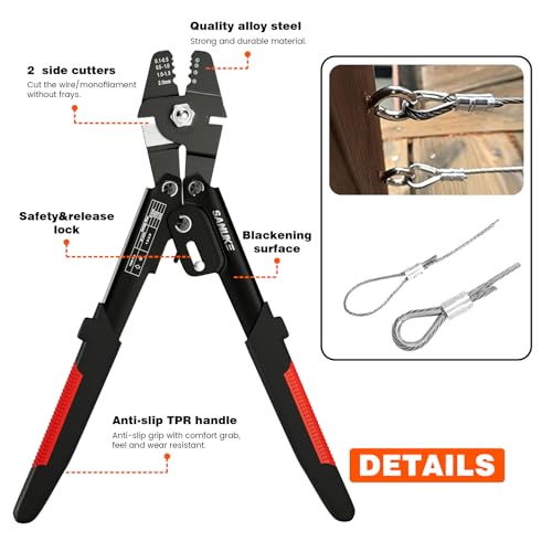 Sanuke Wire Rope Crimping Tool Kit, Swage for 3/64 1/16 5/64 inch Sleeves | Cutter & Crimper Plier with 160pcs Aluminum Crimping Loop Sleeve and 10pcs Stainless Steel Thimble