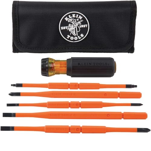 Klein Tools 32288 Insulated Screwdriver, 8-in-1 Screwdriver Set with Interchangeable Blades, 3 Phillips, 3 Slotted and 2 Square Tips - size: 8-in-1 Standard