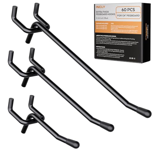 INCLY 60 Pack 2/4/6 Inch Black Pegboard Hooks, 1/4" Heavy Duty - color: Black, size: 2/4/6inch-60pcs