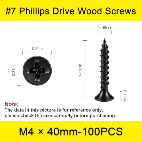 #7 x 1-1/2" Black Drywall Screws for Wood, Flat Head Self Tapping (100Pcs) - size: #7 x 1-1/2" (100Pcs)