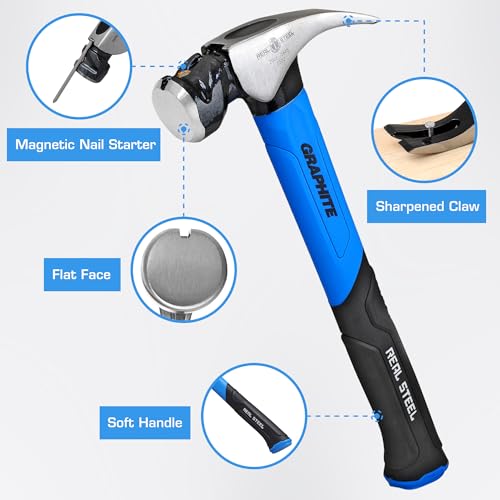 REAL STEEL 20 Oz Jacketed Graphite Magnetic Head Rip Claw Framing Hammer with Smooth Face 0502 - size: 20 oz