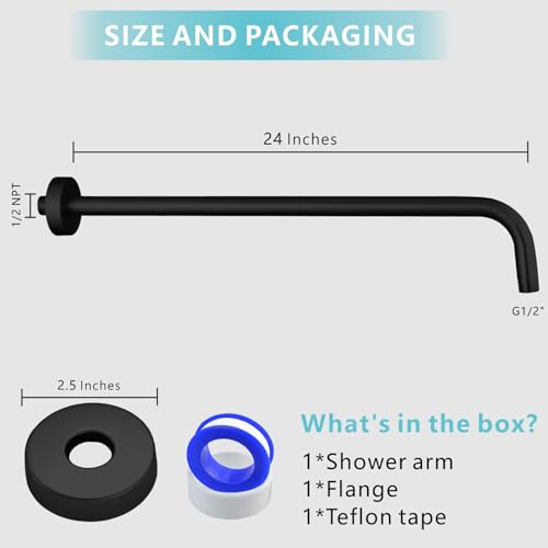 Shower Arm with Flange, 24 Inches Wall Mount Replacement Extension Showerhead Arm For Fixed Shower Head, Matte Black - color: Matte Black, style: 24 Inch