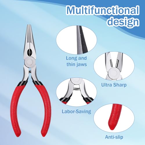 Needle Nose Pliers, 15-Piece Set with Side Cutters, Spring Loaded for Cutting and Bending Wire, 5.2-Inch Long Nose Pliers Made of Steel with PVC Handles for Secure Grip