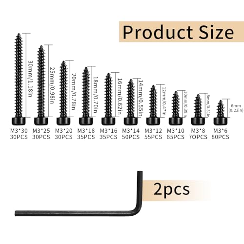 Metric Hex Socket Cap Head Self Tapping Screws, 480pcs M3 Stainless Steel Socket Head Cap Wood Screws Assortment Kit, Hex Drive Head Cap Self Drilling Screws(480 Black) - color: 480 Black