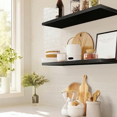 Amada 24 Inch Floating Shelves with Invisible Brackets, Set of 2, Black | Wall Shelves with Hidden Bracket, Solid MDF Wood, 22 lbs Max Load per Shelf, Easy to Assemble, Multi-Wall Compatible - color: Black, size: 24 inches