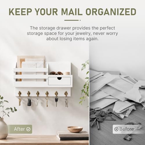 FifthQuarter Key and Mail Holder Wall Mount with Drawer and 6 Sturdy Hooks - color: A-White