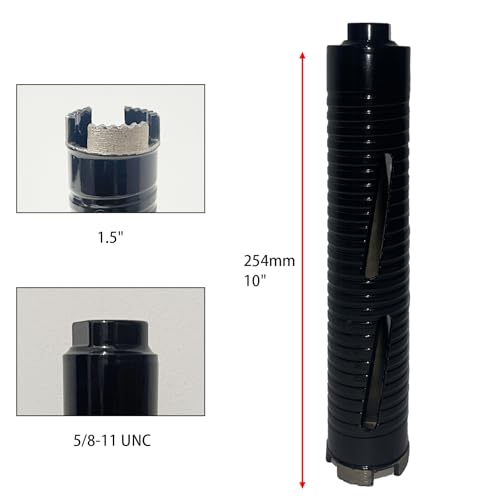 Core Drill Bits 1 1/2 inch Diameter 10in/254mm Drilling Depth Concrete Laser-Welded for Concrete with Rebar Brick Block Masonry Two 5/8-11" Thread Adapters - size: 1 1/2 inch | 38mm