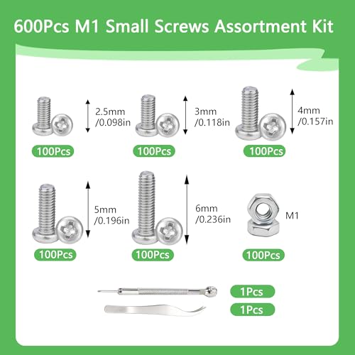 600Pcs M1 x 2.5mm / 3mm / 4mm / 5mm / 6mm Metric Micro Screws Nuts Assortment Kit, Phillips Pan Head, Tiny Machine Screws Assortment for Watch Repair, Electronics, RC Drones, Arduino, DIY Projects - size: M1x2.5/3/4/5/6-600Pcs