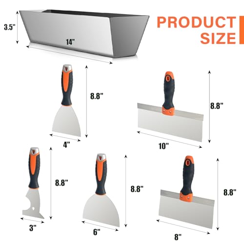 Drywall Hand Tool Kit, 5Pcs Stainless Steel Putty Knife Scrapers Taping Knife with Mud Pan for Drywall Repairing, Paint Scraping and Wallpaper Removing (6pcs-O) - color: 6pcs-o