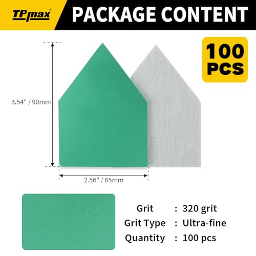 TPmax 100 Pack 90x65mm Detail Sander Sandpaper 320 Grit Compatible with Milwaukee M12 Heavy Duty Hook & Loop Anti Clogging Polyester Film Sheets - size: 320 Grit