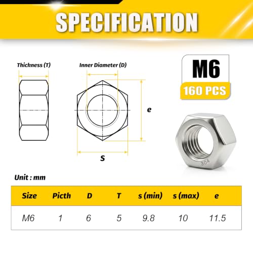M6 Hex Nuts 160Pcs 304 Stainless Steel A2-70 Rustproof Metric - size: Metric M6;160pcs