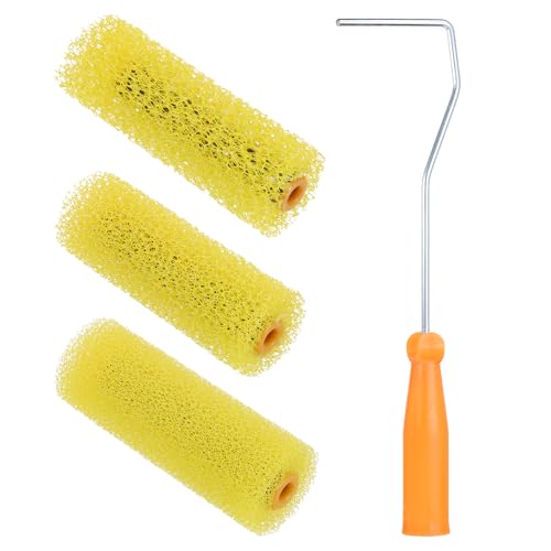 uxcell 1 Set Textured Paint Roller Covers 4 Inch Mini Resilient Sponge Paint Roller Cover with Frames Set Textures Foam Drywall Texture Paint Rollers Reusable Paint Roller Kit