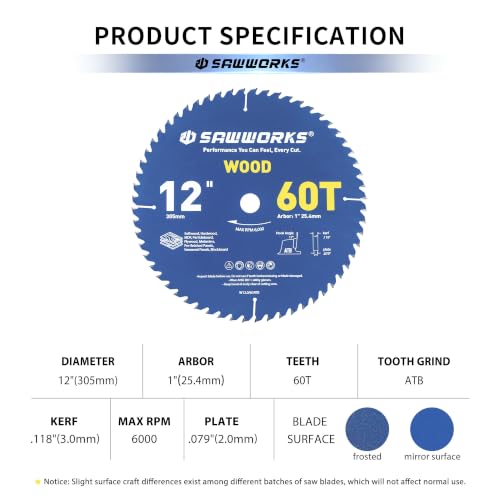 SawWorks 12" 60T ATB Circular Saw Blade Woodworking for Fine Finish Cutting - size: 12 In 60T