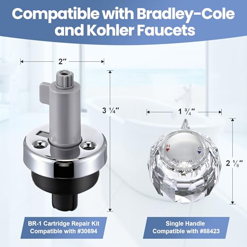 Cartridge Repair Kit with Faucet Handle, Compatible with Bradley-Cole, and Kohler, Fits Single Handle Faucets for Bathroom and Bathtub Applications