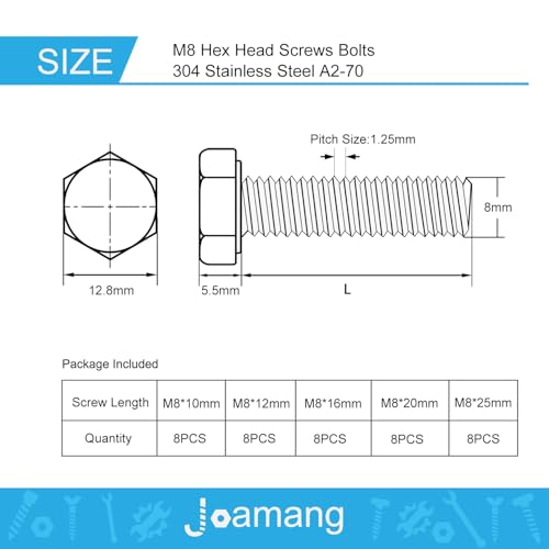 M8 x 10mm 12mm 16mm 20mm 25mm Hex Bolts, Hexagon Head Screws, 304 Stainless Steel(A2-70), Metric Fully Thread, Bright Finish, Assortment Kit 40PCS - size: M8x10-25mm(40PCS)