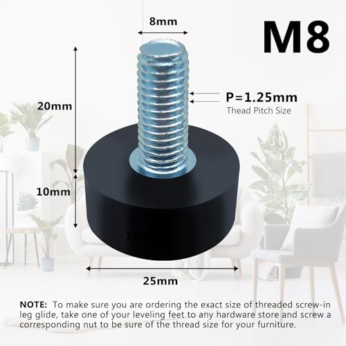 8pcs M8 Adjustable Rubber Furniture Levelers Screw in Threaded Furniture Legs Leveling Feet -Adjustable Furniture Feet –Iron Chair Leg Levelers -Floor Protector Heavy Duty Leveling Feet Glides