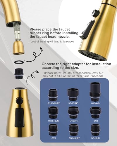 Metal Kitchen Faucet Spray Head Replacement 3 Modes with 9 Adapters - color: Brushed Gold