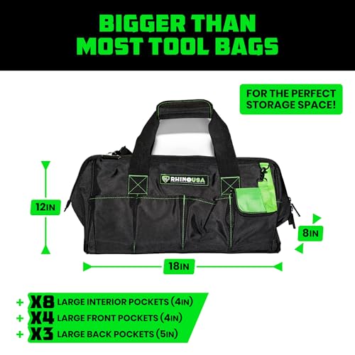 Rhino USA Tool Bag (18-Inch) - Heavy Duty Wide Mouth Tote for Men - color: Black