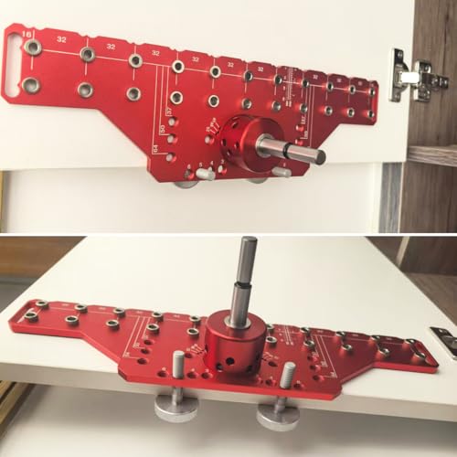 2 in 1 Shelf Pin Hinge Jig,Concealed Hinge Jig Drilling Jig with 35mm Hole Drill Bits,Self Contained Clamping All Metal Cabinet Hardware Tool Drill for Cabinet Door Hinge Hole Positioning (RED) - color: RED