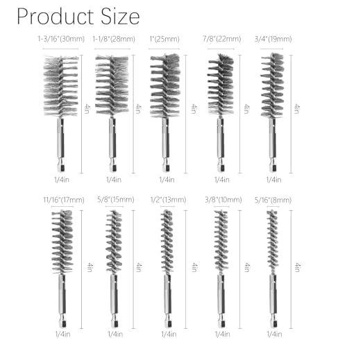 20Pcs Wire Bore Brush for Drill Set 1/4" Hex Shank Stainless Steel Wire Brush (8/10/13/15/17/19/22/25/28/30mm) Each 2 Drill Brushes Attachments for Rust Paint Removal Grinding Sanding Polishing
