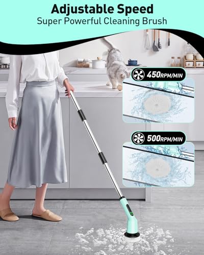 Electric Spin Scrubber for Bathroom, Shower Scrubber with Long Handle - color: Mint Green, size: 3 Brush Heads