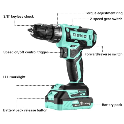 Power Drill Cordless: DEKO PRO Cordless Drill 20V Electric Power Drill Set Tool for Women Drills with Battery and Charger 20 Volt Drills Driver Kit Turquoise - color: Turquoise