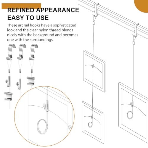 Dunzy 10 Pcs Picture Rail Hooks for Hanging, 71" Clear Nylon Cord, Silver - color: Silver, size: 71" Clear Nylon Cord