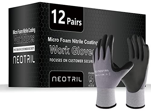 NEOTRIL Safety Work Gloves MicroFoam Nitrile Coated-3/6/12/36 Pairs,Breathable Nylon Working Gloves for Men Women - color: 12 Pairs/ Grey