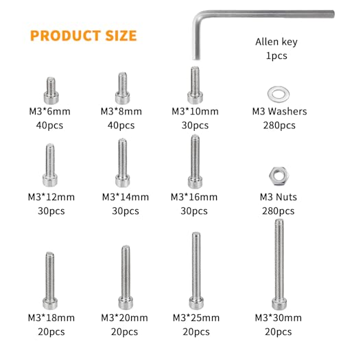 840 Pcs M3 Screws, Nuts and Washers Set - Hex Socket Head Cap Screws Kit - Metric Bolts Assortment - Stainless Steel Machine Screws - Fully Threaded Hex Nuts - size: M3