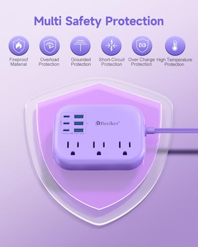 6 USB (3 USB C) Purple Travel Power Strip, 5Ft Extension Cord, 3 Outlets - size: Purple-6 USB 24W-5ft