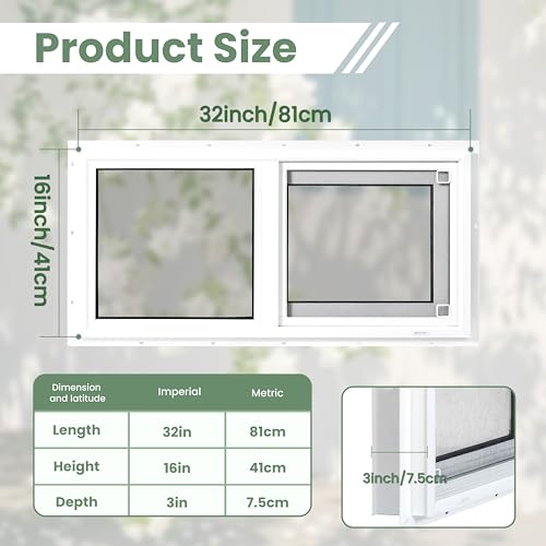 Vinyl Basement Window, Bathroom Sliding Window 32" x 16" White | Double Pane Insulated Tempered Glass and Fiberglass Screen for Basement, Bathroom, Shed - size: 32x16 IN