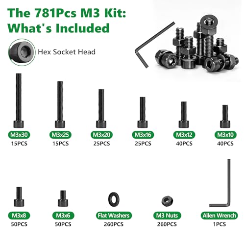 781PCS M3 Screw Assortment Kit, 12.9 Alloy Steel Hex Socket Cap Bolts - size: M3 781pcs 3