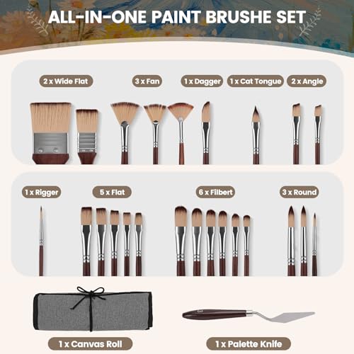 26pcs Paint Brush Set, with Palette Scraper and Canvas Roll