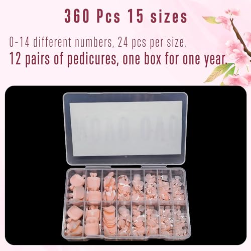 NOVO OVO Fake Toe Nail Tips Press on, French Tip Soft Gel Toenail Extension, BABY PINK Square Round Pre-applied Tip Primer & Base Coat, Full Cover Matte False Nails for DIY x 15 Sizes 360Pcs - color: Square Round French Tip Light Pink