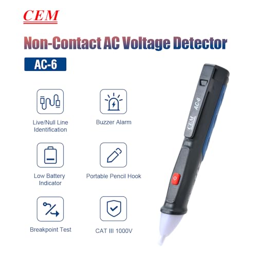 Voltage Tester,CEM AC-6 Non-Contact Voltage Detector,Electrical Tester,AC,LCD Display in Percentage,Buzzer Alarm,Live Wire Tester,Wire Breakpoint Finder - Black-Built-in/External Battery (Random)