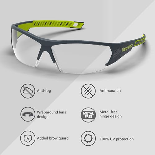 HexArmor MX250 Clear Safety Glasses for Men and Women | Anti-Fog | Scratch Resistant Wrap Around Lenses | Modern-Safety Glasses | Metal-Free | Certified ANSI Z87 | 100% UV Protected Eyewear - color: Clear / Trushield