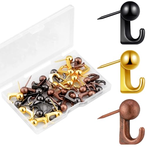 Jetec 30 Pieces Metal Push Pin Hangers Pin Wall Hooks Picture Hanging Picture Nails Frame Oil Painting Hooks on Wooden or Fabric Wall for Home or Office (Red Antique,Gold,Black) - color: Red Antique,Gold,Black